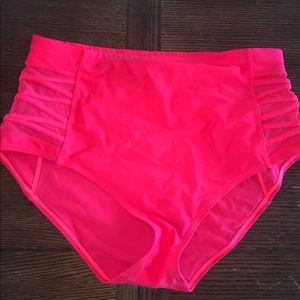 Coral High-waisted mesh sides bikini bottoms